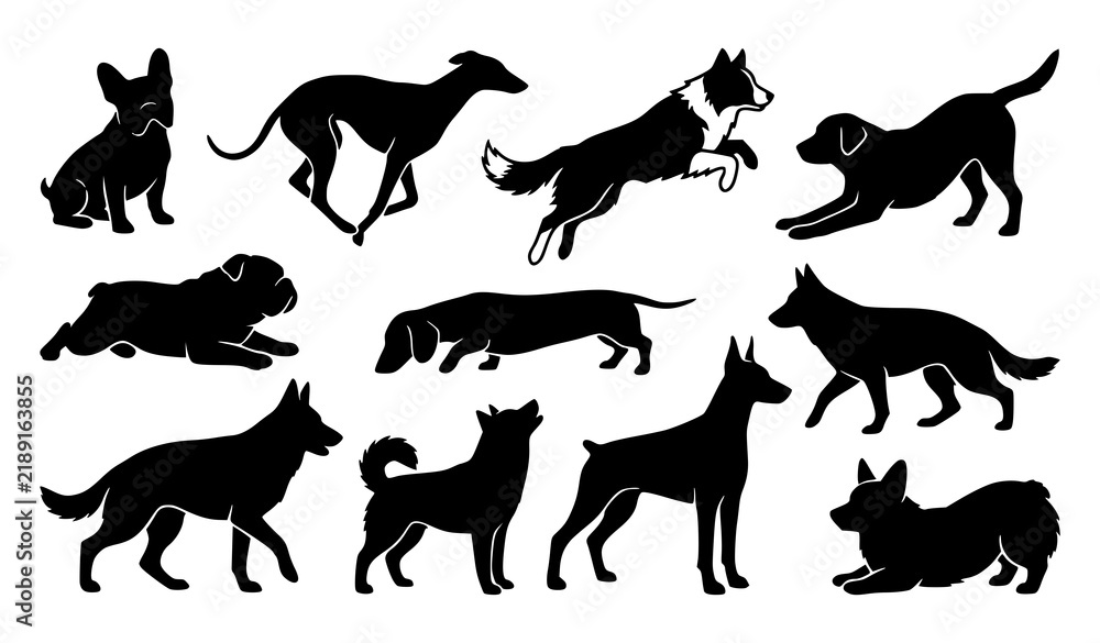 Obraz premium Diverse Dog Silhouette Collection Vector Illustration with Ten Action Poses
