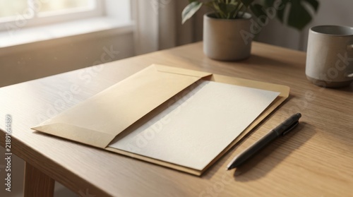 Open brown envelope with blank paper and a black pen on a wooden office desk in a cozy room