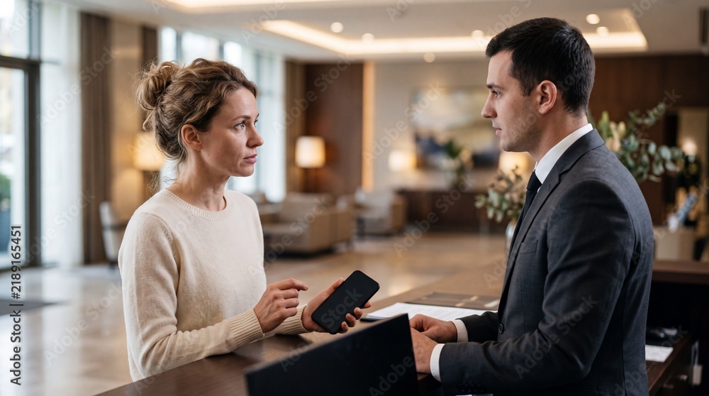 Obraz premium Receptionist checking booking confirmation on smartphone for female guest at counter. Concierge assisting traveler with registration process in modern lobby.