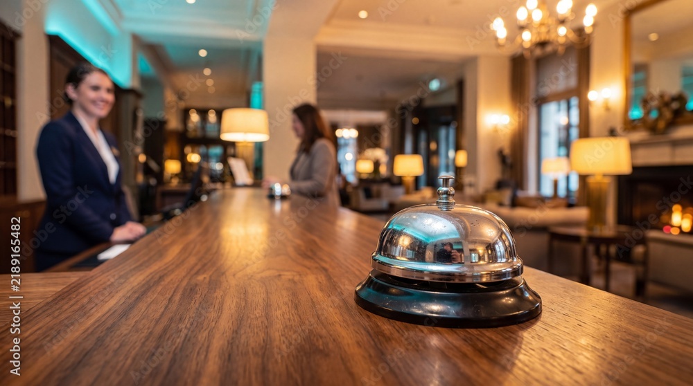 Fototapeta premium Receptionist standing behind wooden counter with service bell in luxury hotel lobby. Concierge welcoming guest during check in procedure at upscale accommodation.