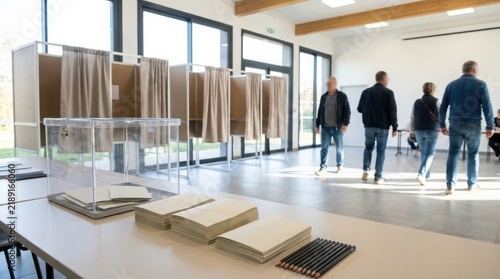 People walking in a modern bright office showroom with fabric samples and architectural displays
