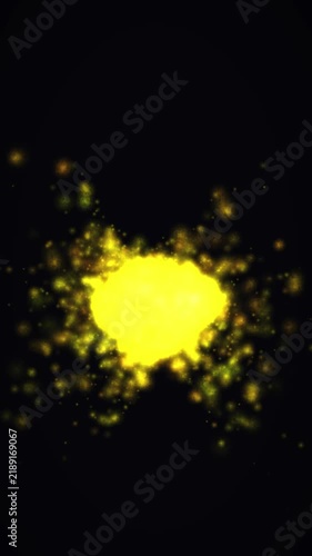 Golden particle explosion on black background, glowing yellow dust burst, magical sparkling light effect for cinematic overlays