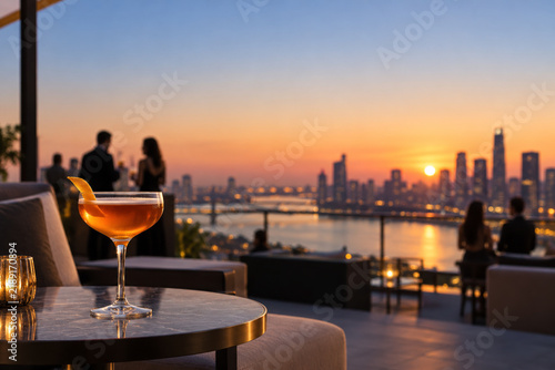 Naklejka 夕暮れの都市夜景を望む高級ルーフトップバーのカクテルと人影