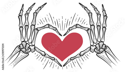 Romantic skeleton hand gesture with red heart symbol
