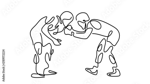 Animated self drawing of continuous line draw of Wrestling Match Line   . Full length one line animation. 4K	
