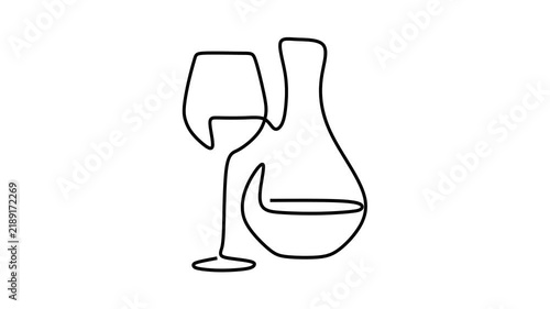 Animated self drawing of continuous line draw of Wine glass and decanter in a continuous line art. . Full length one line animation. 4K	
