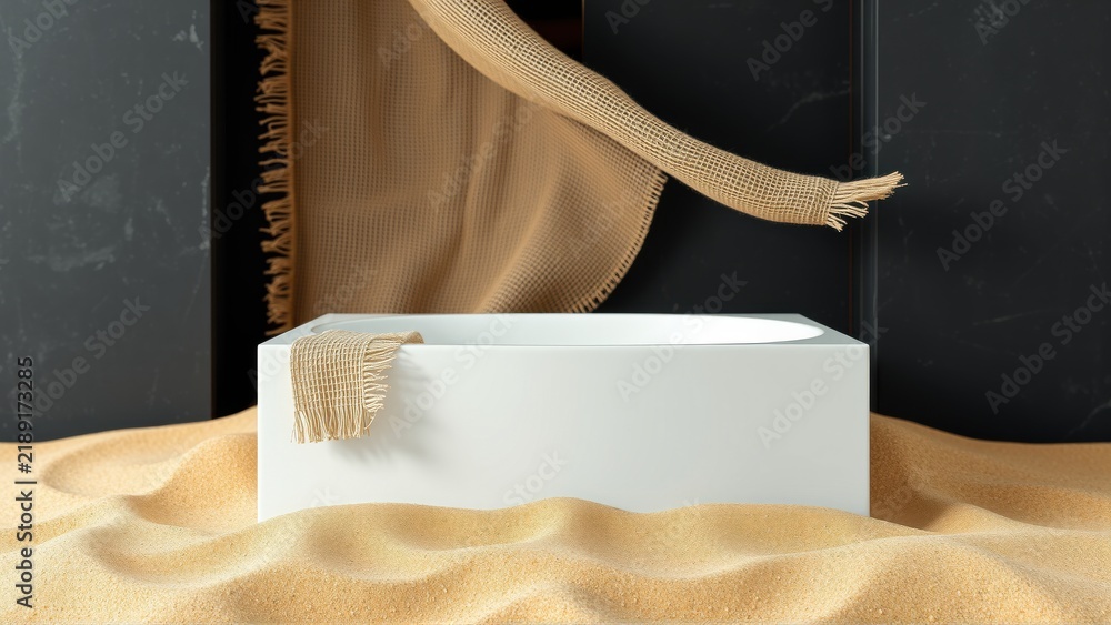 Obraz premium Minimalist scene. White pedestal rests on sand. Brown fabric drapes over structure, creating soft shadows. Dark backdrop emphasizes contrast.