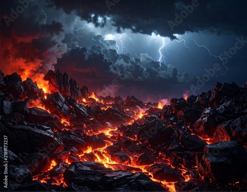 Dark and stormy volcanic landscape with glowing magma, dark rocks, and lightning. Ideal for fantasy book covers, environmental disaster concepts, and heavy metal album art.