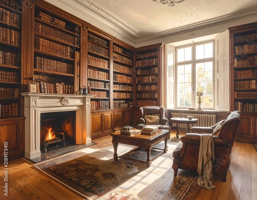 A cozy traditional library with a warm fireplace, wooden bookshelves, and leather armchairs. Ideal for relaxation, interior design, and literature-themed concepts.