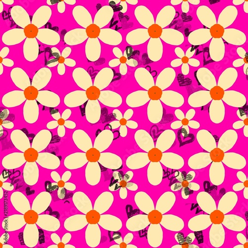 Vibrant Retro Seamless Floral Pattern with Daisy Motifs on Pink Background