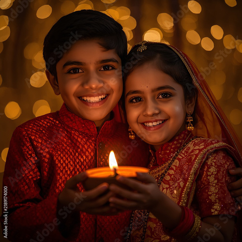 Smiling indian kids holding diwali diya