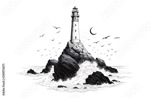 Lighthouse on rocky island at moonlit night with flying birds