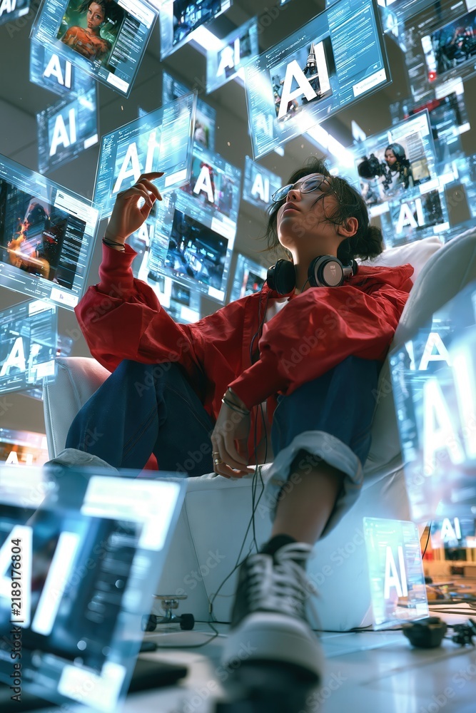 Obraz premium Person feeling overwhelmed by artificial intelligence data and multiple screens. Young woman immersed in ai technology