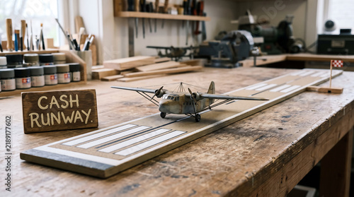 Toy airplane on a runway with a cash runway sign