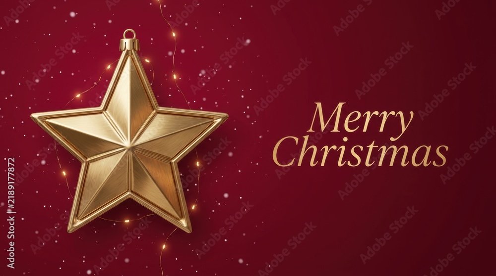 Obraz premium Golden star ornament with fairy lights and falling snow for Christmas greetings