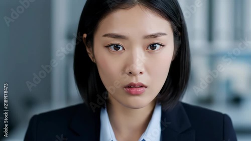 A close-up shot of a woman looking directly at the camera. She has black hair and is wearing a dark suit