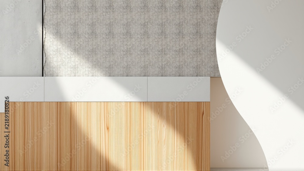 Obraz premium Minimalist interior corner. Light plays upon textureswood, concrete, white surfaces. Clean lines, geometric shapes create modern aesthetic.