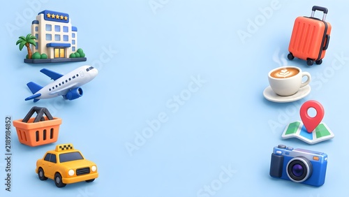 Colorful travel and shopping flat icons set with airplane, taxi, hotel, luggage, camera, coffee, and map pin