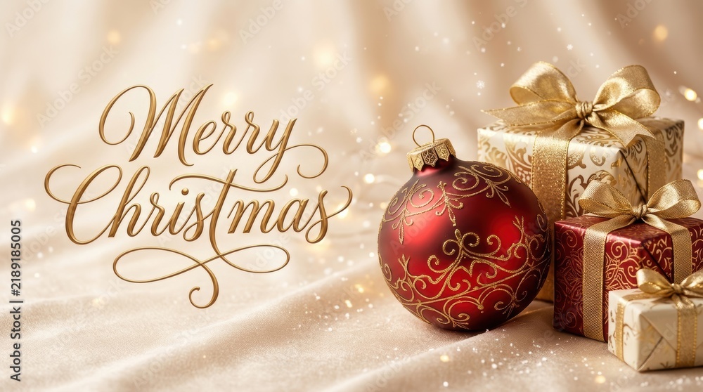 Fototapeta premium Elegant Merry Christmas greeting with festive ornaments and gift boxes