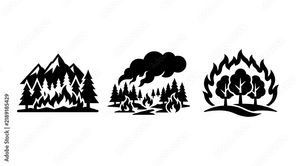 Fototapeta premium Collection depicting forest fires, showing flames consuming mountain trees, burning woodland with smoke, burning trees