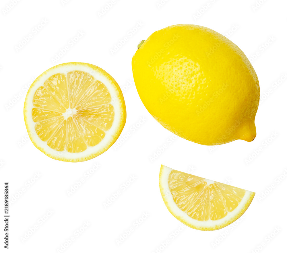 Obraz premium Top view set of ripe yellow lemon fruit with circle slice and quarter slice isolated with clipping path in png file format