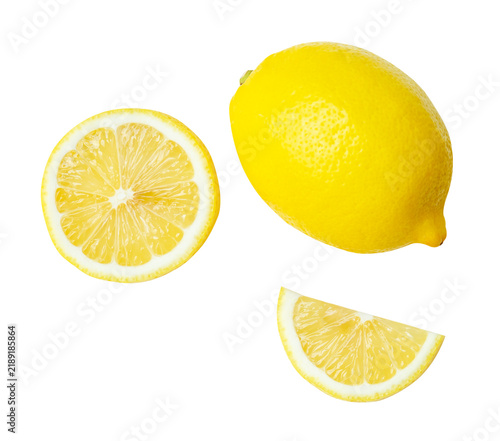 Top view set of ripe yellow lemon fruit with circle slice and quarter slice isolated with clipping path in png file format