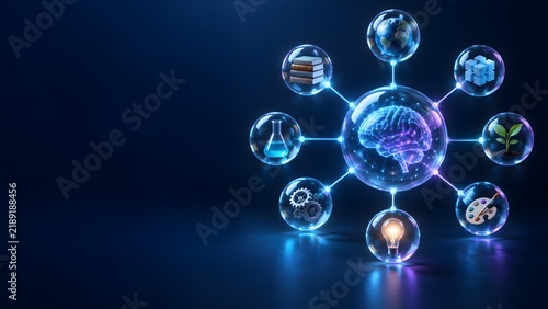 Modern network of interconnected brain and science icons with futuristic background