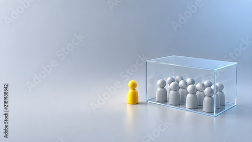 Yellow figure standing outside clear box with gray people inside