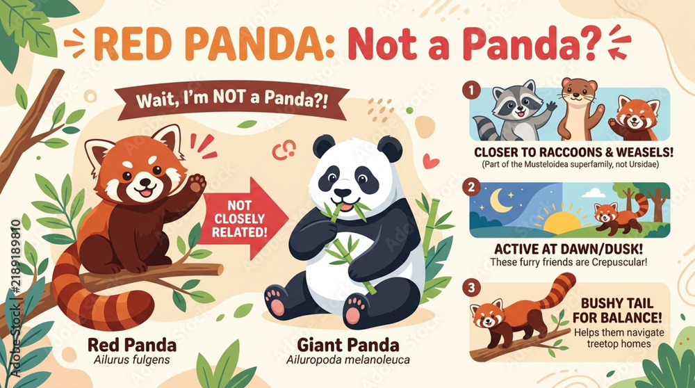 Fototapeta premium Educational Infographic Comparing Red Panda and Giant Panda Characteristics