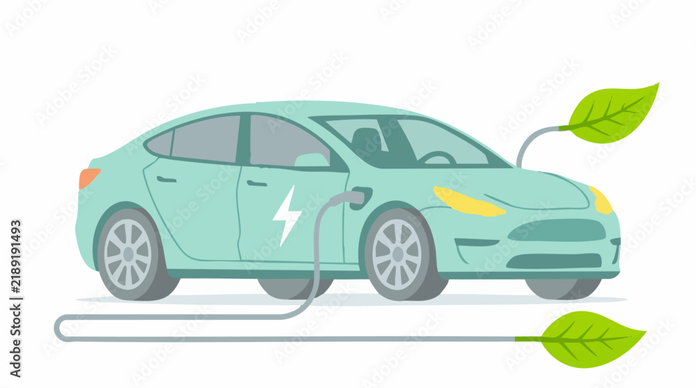 Fototapeta premium Eco-friendly electric vehicle charging concept with green energy leaves