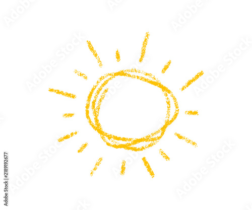 Crayon drawn yellow naive sun icon. Cute kid drawing. Hand drawing crayon pencil doodle sun. Doodle line childish design element. Vector illustration isolated on white background.
