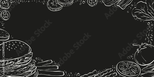 Fast food background. Burger design template with empty space for text, linear snack doodles collection, vintage junk food print. Vector graphic illustration