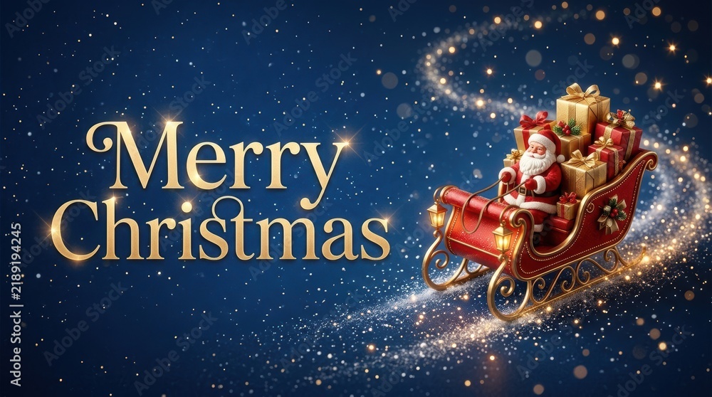 Obraz premium Merry Christmas greeting with Santa Claus in a sleigh full of gifts
