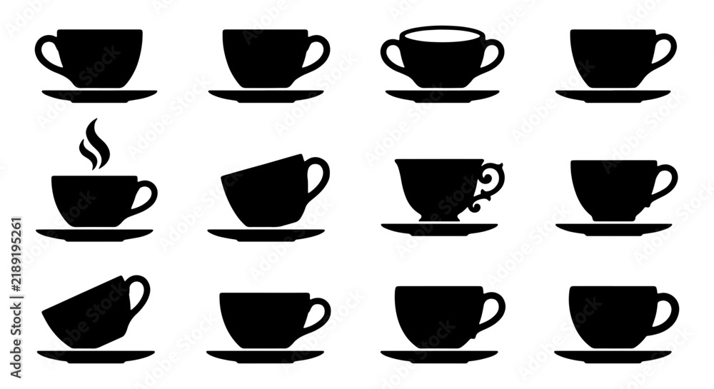 Fototapeta premium 12 Coffee Cup Icons, Black Silhouette Tea Saucer Set, Hot Beverage Drinkware Collection, Cafe Restaurant Graphic Elements