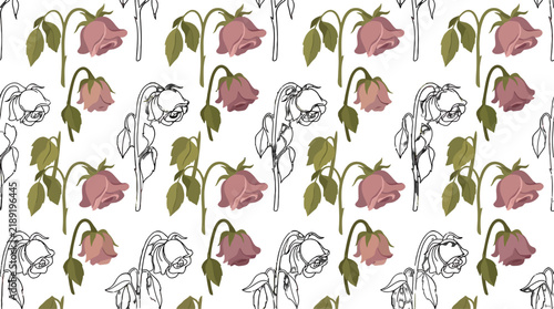 Seamless Repeating Pattern of Stylized Drooping Roses in Hand Drawn Vector Illustration Style for Surface Design
