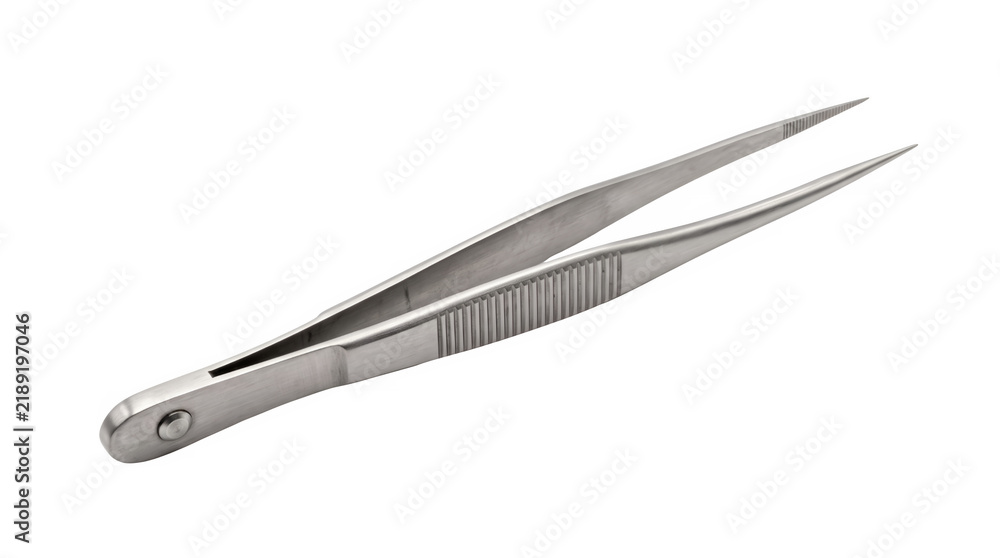 Fototapeta premium Stainless steel tweezers with pointed tips, professional metal medical forceps, precision surgical tool on white background