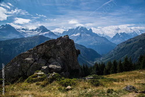 Rocky outcrop overlooking the Mont Blanc massif in the French Alps