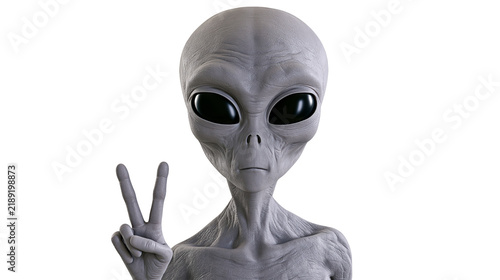 Gray alien with large black eyes making peace sign, isolated on transparent background