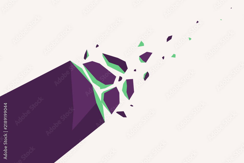 Fototapeta premium Purple block breaking apart into angular flying shards with green highlights