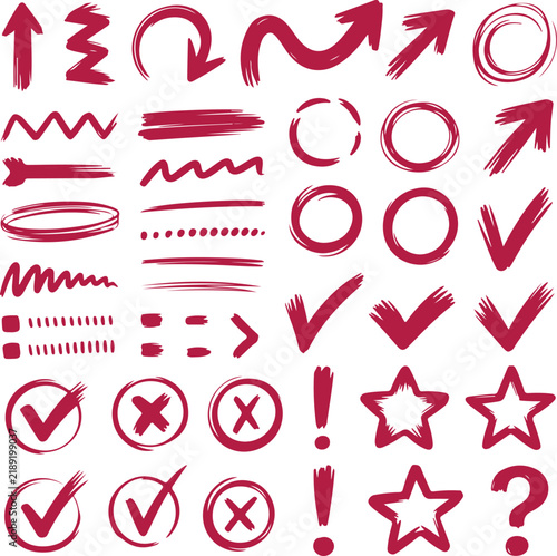 Hand drawn red icons set with various symbols
