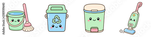 Cute cleaning illustration featuring bucket, recycling bin, trash can, mop, and vacuum cleaner