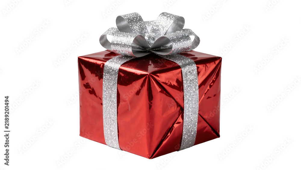 Fototapeta premium Shiny red gift box with silver glitter ribbon and bow, isolated on transparent background
