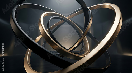 Intersecting metallic rings forming a modern abstract structure in dark space