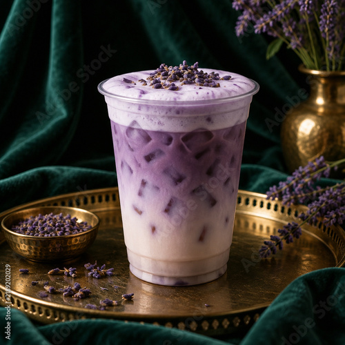 Iced lavender latte with purple foam topping and dried lavender buds, served in a clear plastic cup on a vintage gold tray against a dark green velvet background