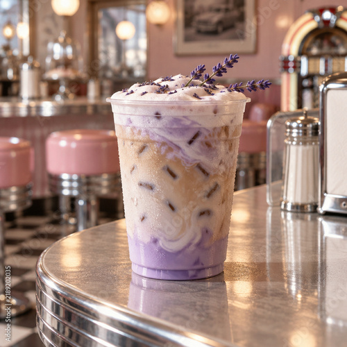 Iced lavender latte in a clear plastic cup garnished with fresh lavender sprigs, sitting on a retro diner counter with pink stools in the background