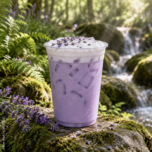 Refreshing iced lavender latte with creamy foam topping and fresh lavender sprigs, served in a clear plastic cup on a mossy rock by a forest stream