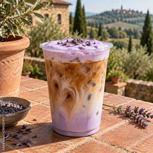 Iced lavender latte with purple foam and dried lavender buds in a clear plastic cup on a rustic stone terrace overlooking a sunny italian landscape