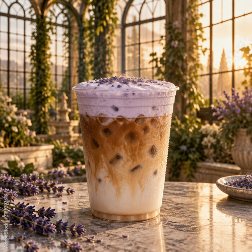 Iced lavender latte with purple cold foam and dried lavender buds in a glass cup, set on a marble table in a sunlit greenhouse garden