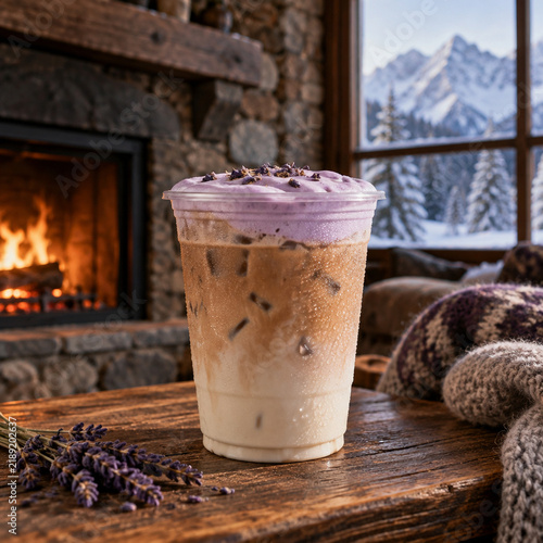 Iced lavender latte with purple cold foam in a plastic cup on a rustic wooden table by a cozy fireplace with a snowy mountain view