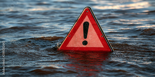 A warning sign half-submerged in floodwater, signifying a hazardous situation. The red triangular sign with a black exclamation mark stands as a symbol of danger amidst the rising water